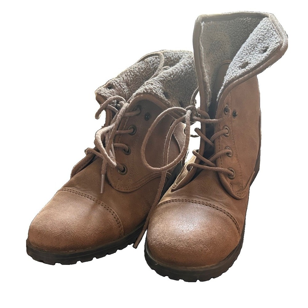 Self Esteem Waterfall Combat Boots Brown Faux Fur Fold Over Ankle Womens Size 10